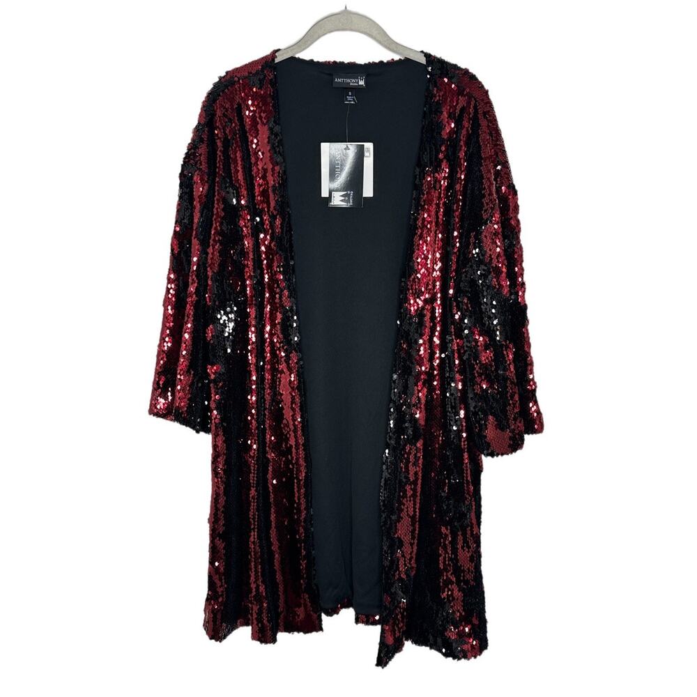 anthony originals Women’s Red Black Sequin Open Front Cardigan Size Small NWT
